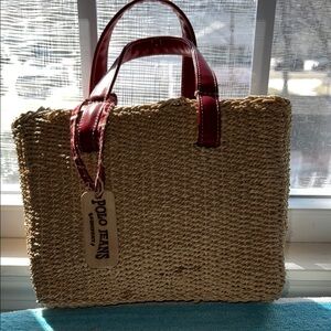 Vintage Polo Jeans Natural Raffia Woven Tote with Red Handles